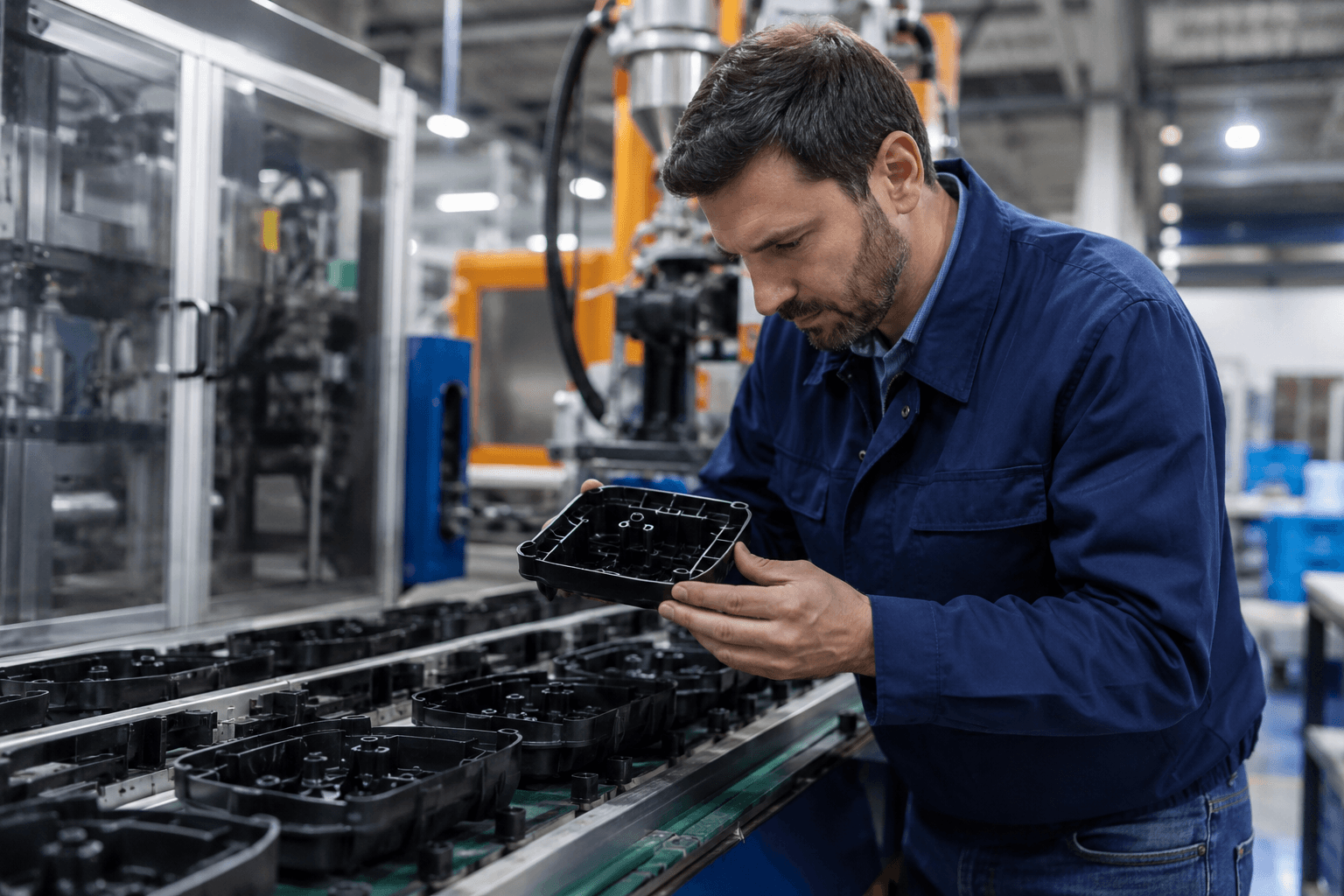 Engineer inspecting plastic parts on a production line
