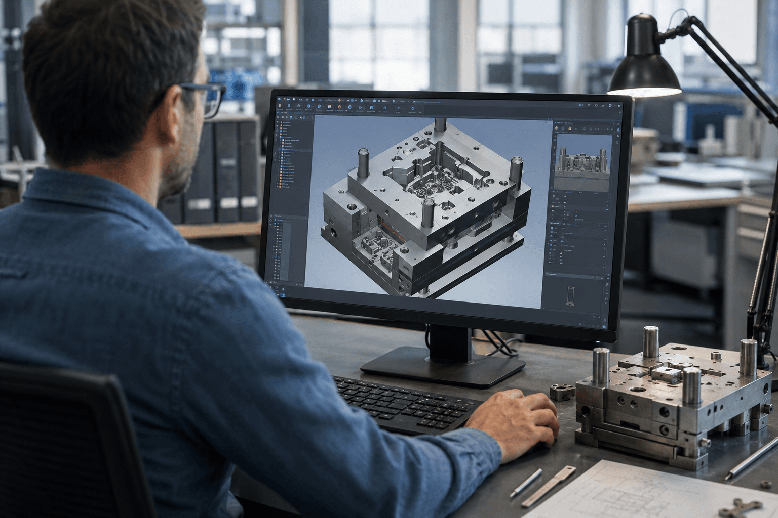 Engineer at a workstation with CAD mold design software