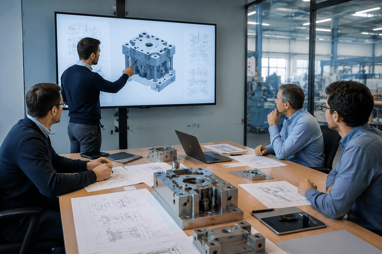 Engineers reviewing mold blueprints and CAD drawings in a meeting room