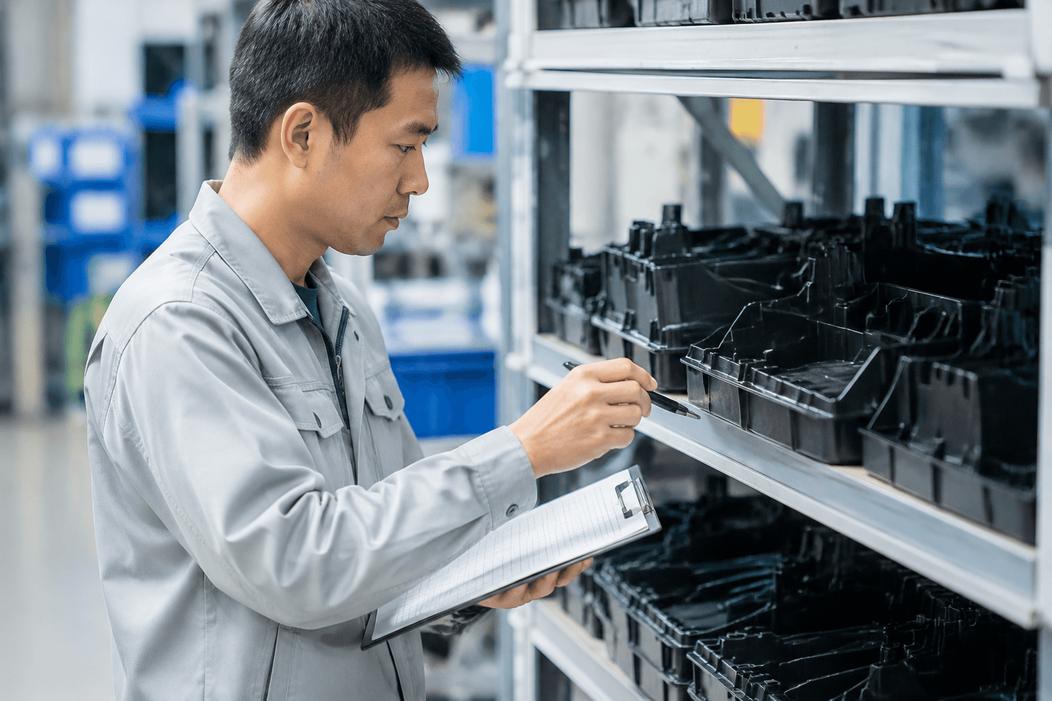 Quality assurance inspector checking plastic components against a checklist
