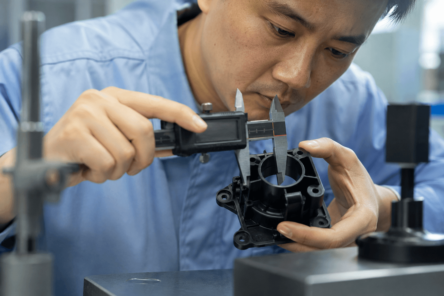 Quality inspector measuring a molded plastic part with calipers