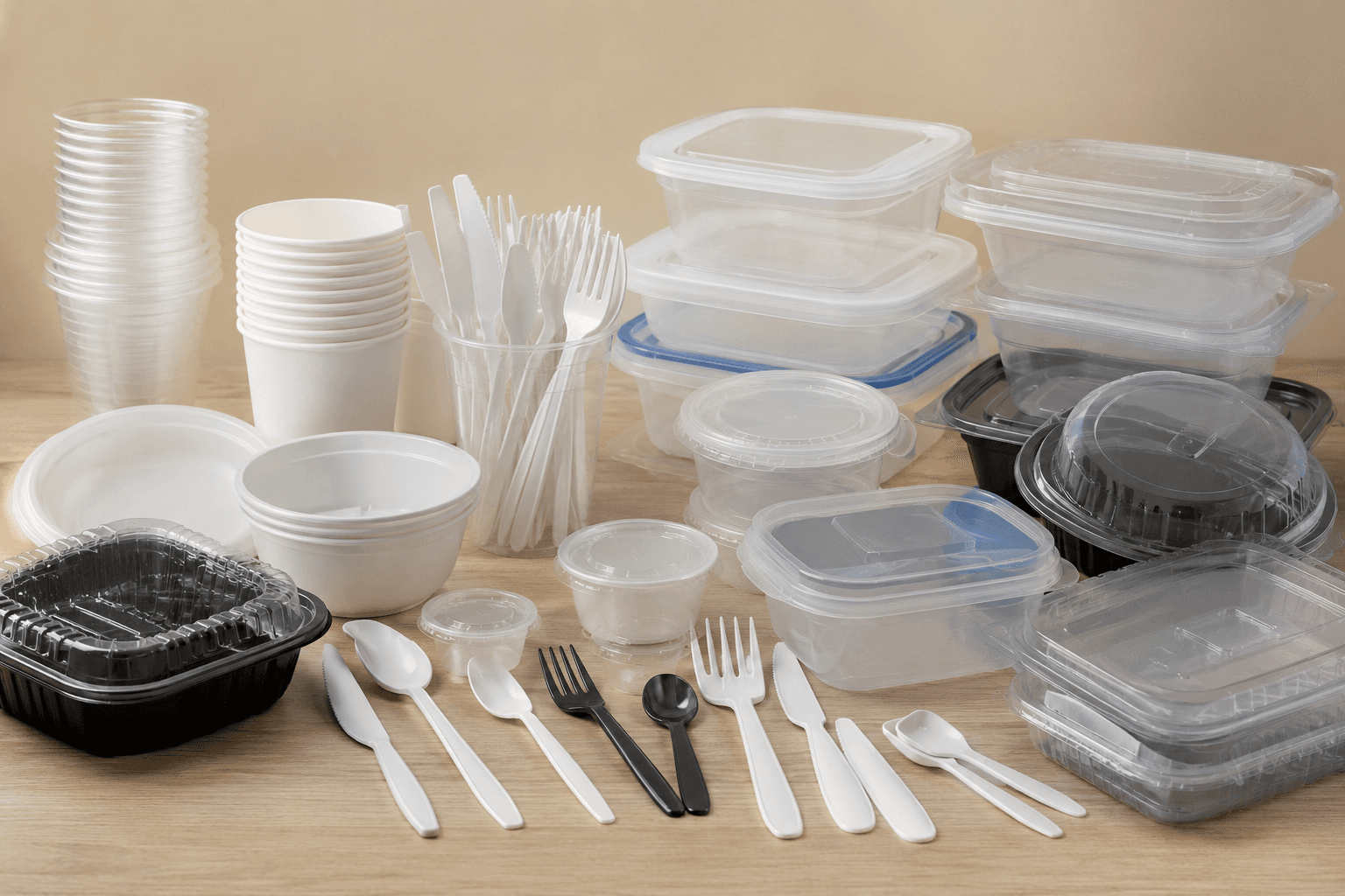 Assorted plastic cutlery and general-purpose containers