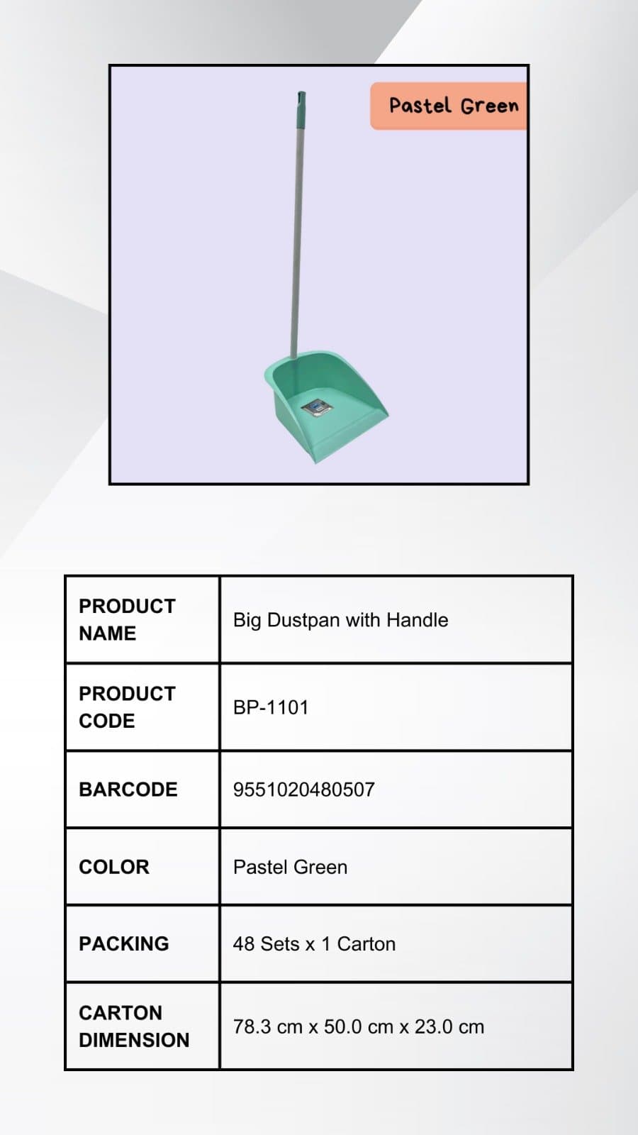 Big Dustpan with Handle, product code BP-1101, Pastel Green, by B-Pen Plastic