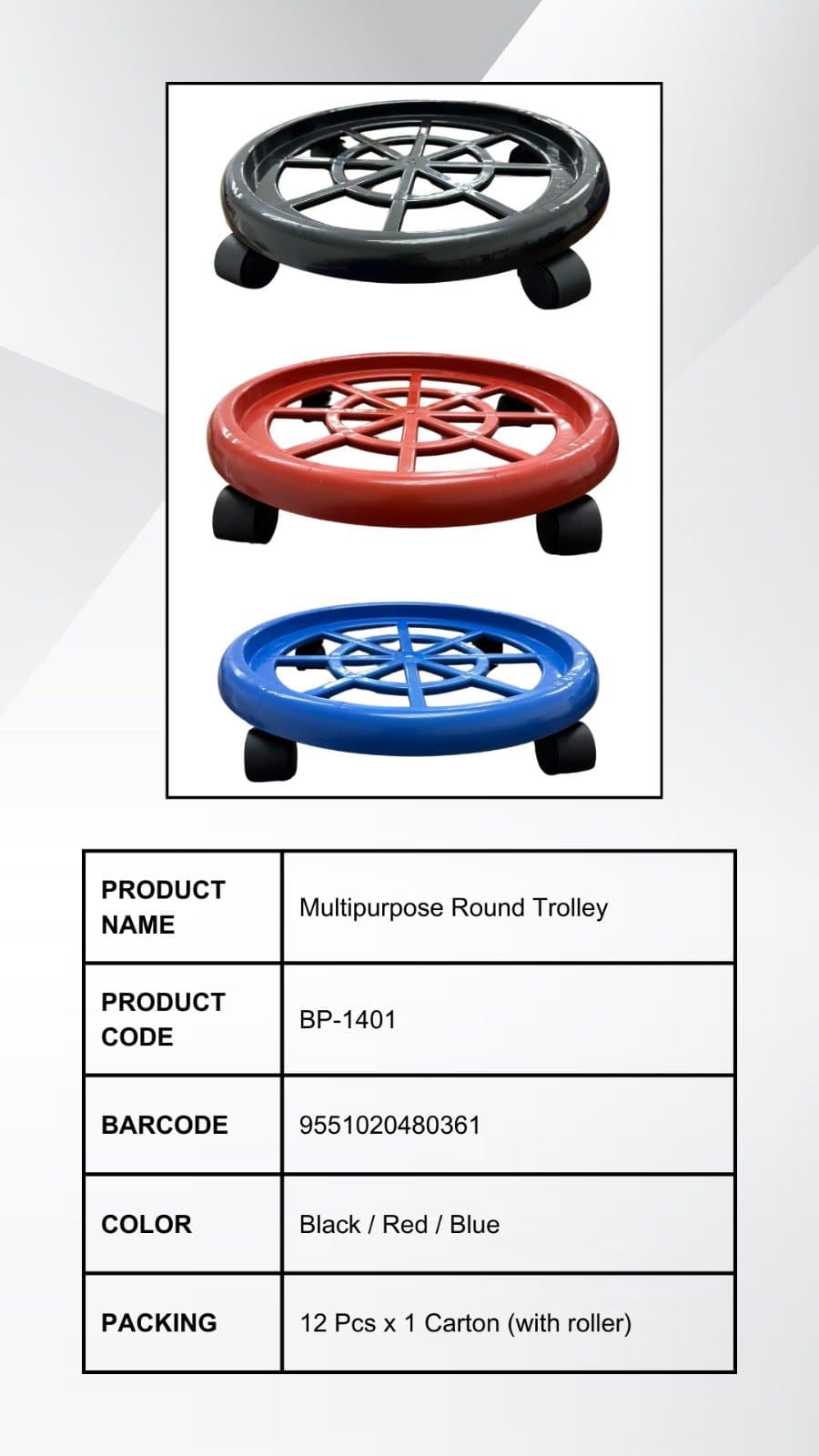 BP-1401 Multipurpose Round Trolley by B-Pen Plastic, available in black, red, and blue