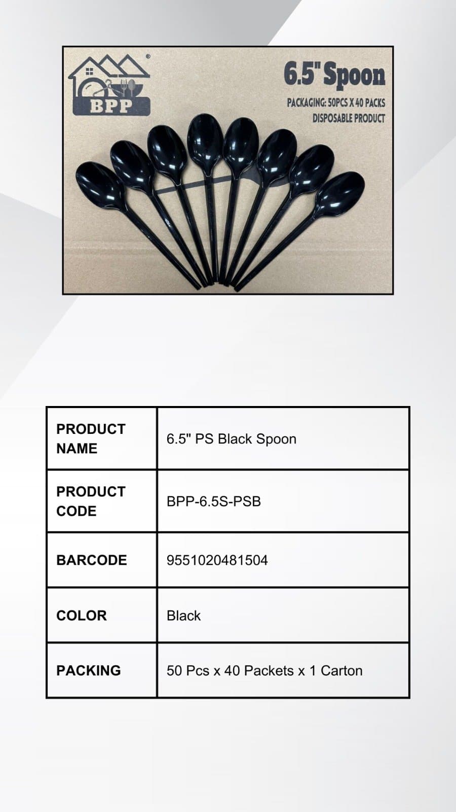 6.5-inch PS Black Disposable Spoon, product code BPP-6.5S-PSB