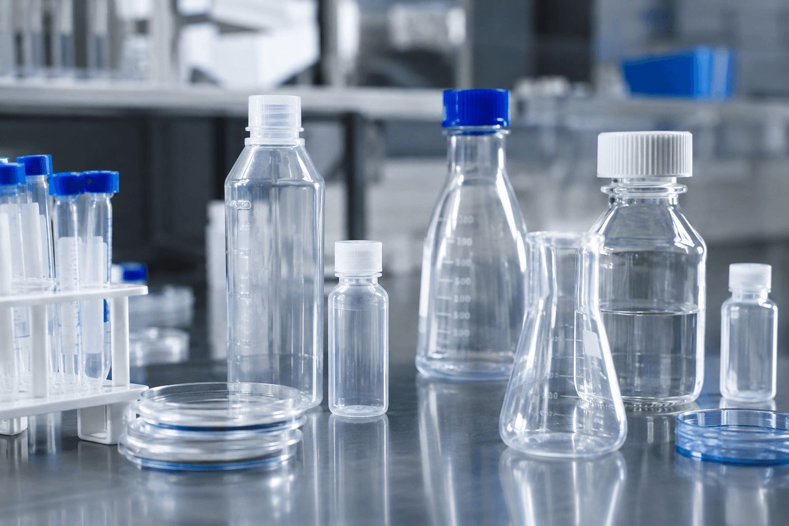 Laboratory plastic ware — bottles, beakers, sample containers
