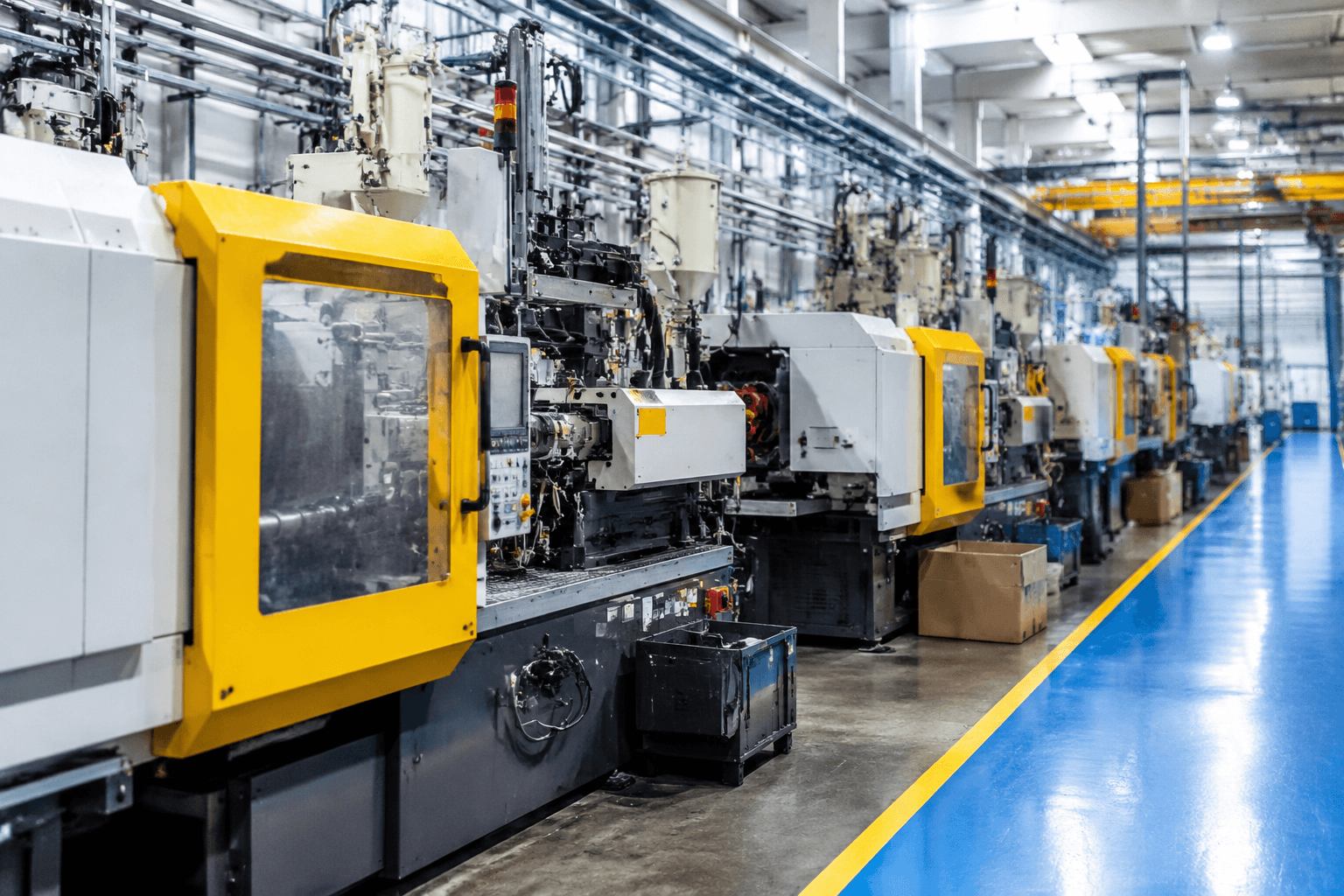 Injection molding machines on a factory production floor