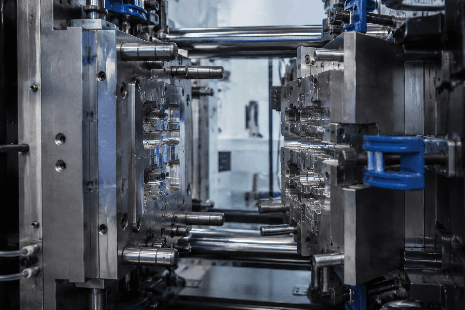 Close-up of an injection molding machine with an open mold