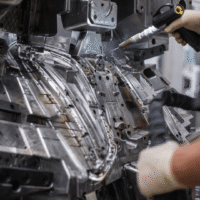 Technician performing final surface finishing on a large precision mold at B-Pen Plastic