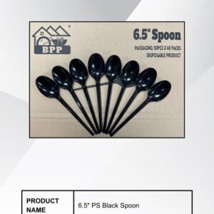 6.5-inch PS Black Disposable Spoon by BPP, product code BPP-6.5S-PSB, high-quality plastic cutlery for catering and events.